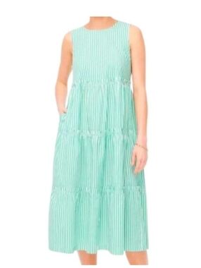 J Crew Stiped Tiered Tank Midi Dress Green And White Size 4